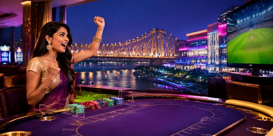 Promotional feature banners with vibrant neon theme in Kolkata casino scene